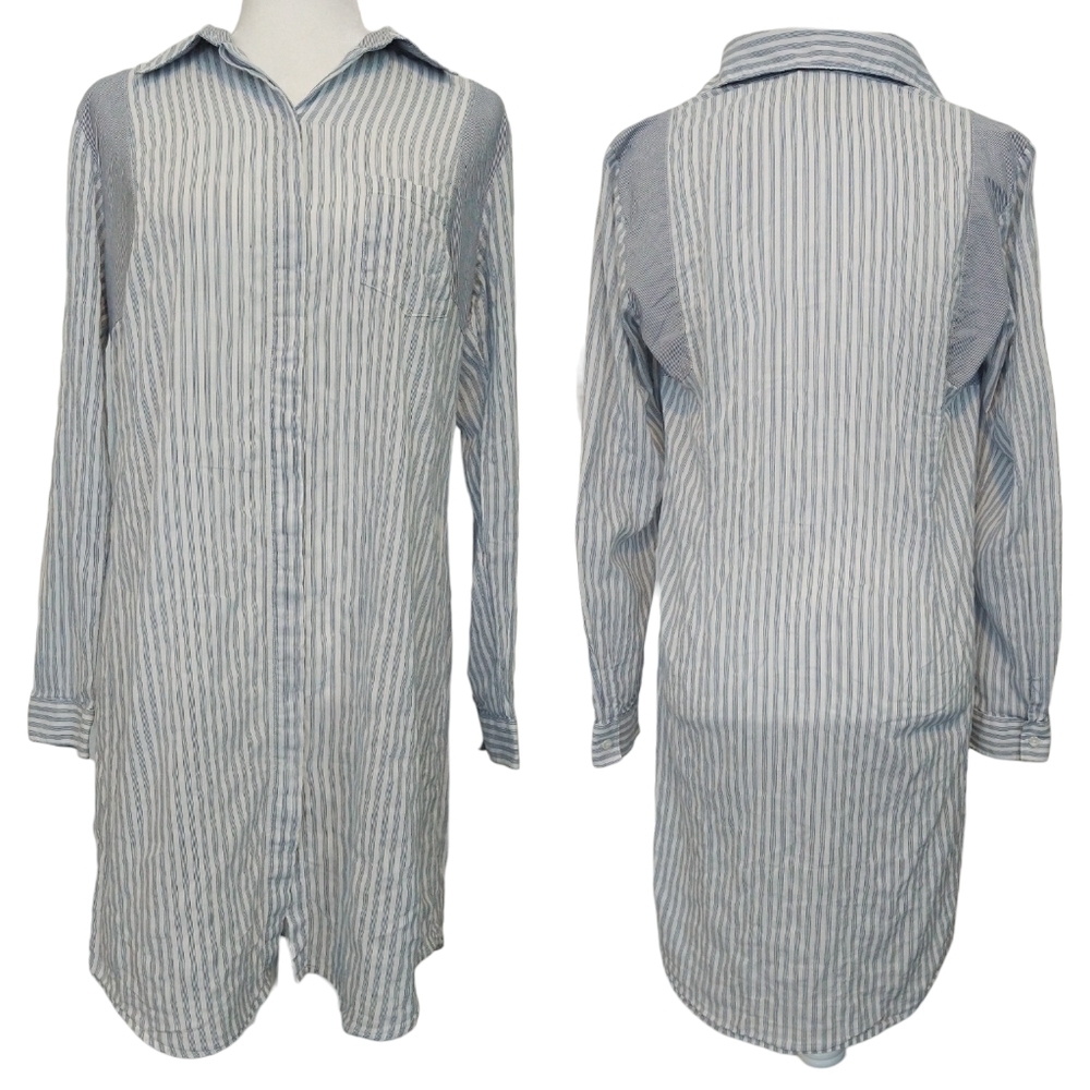 Cabi 244 White Blue Pucker Stripe Button-Up Shirt Dress Hidden Buttons